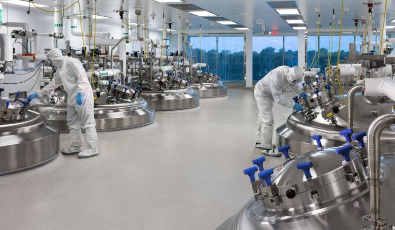 Stainless steel tanks in a pharmaceutical processing facility